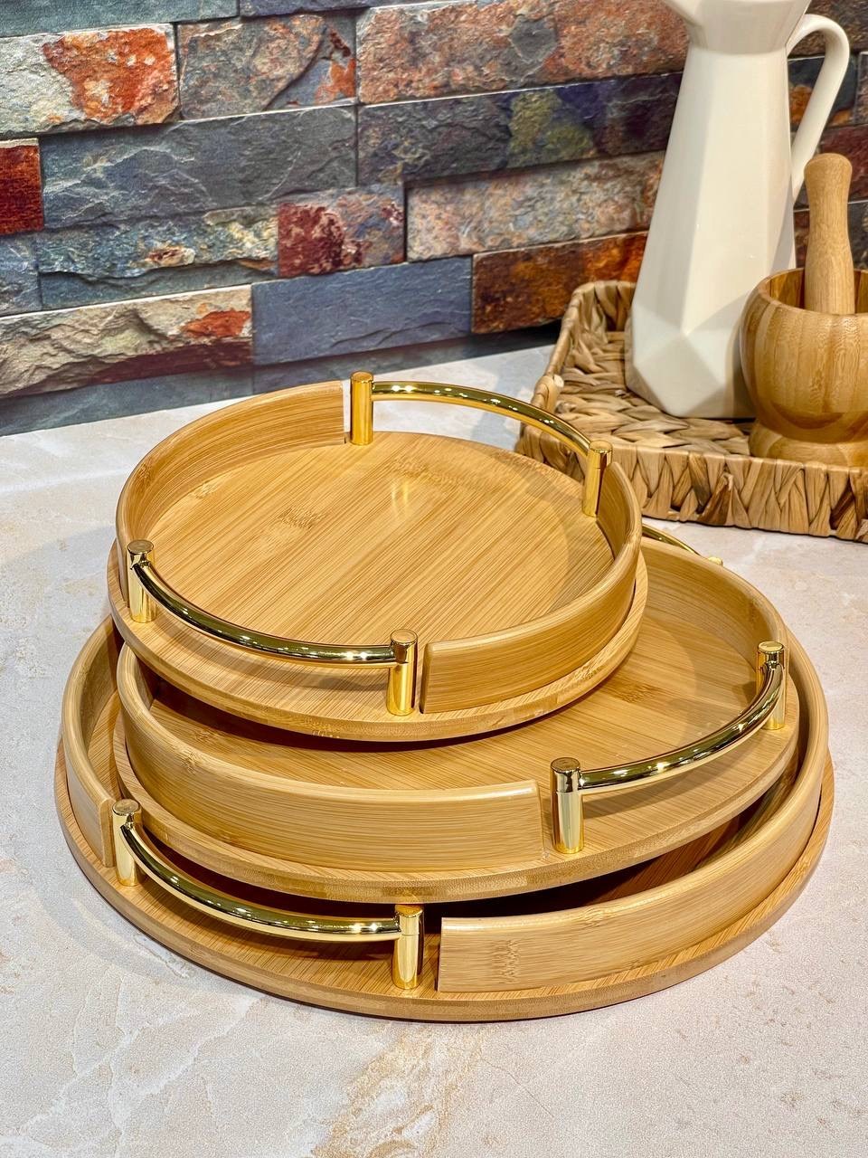 سینی گرد بامبو با دسته فلزی