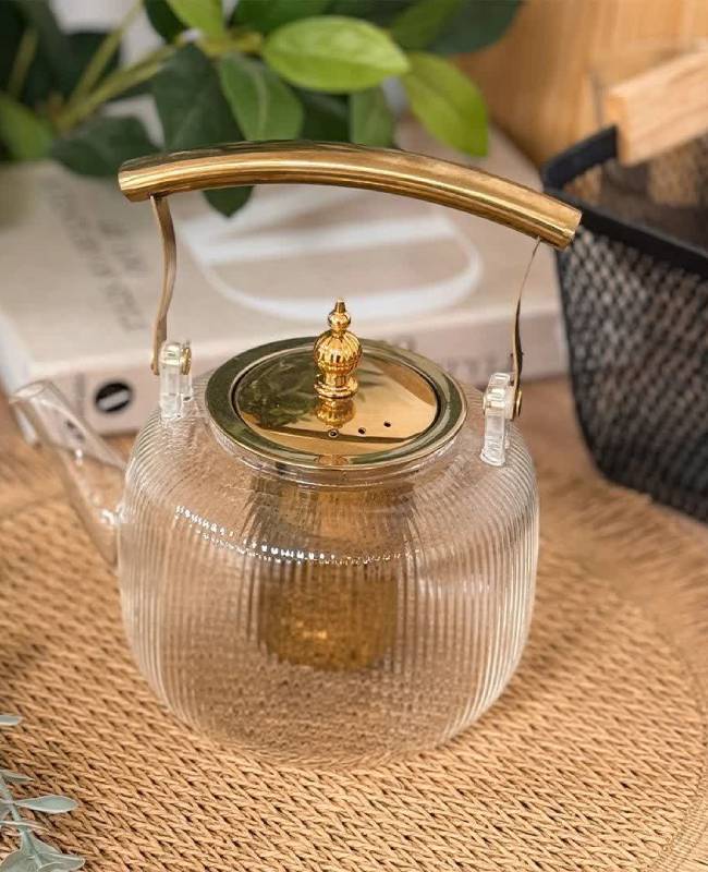 قوری پیرکس دسته استیل طلایی